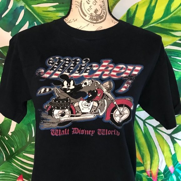 Vintage WDW Women's Small Mickey Mouse 90s Patriotic Motorcycle Tee - Picture 2 of 6